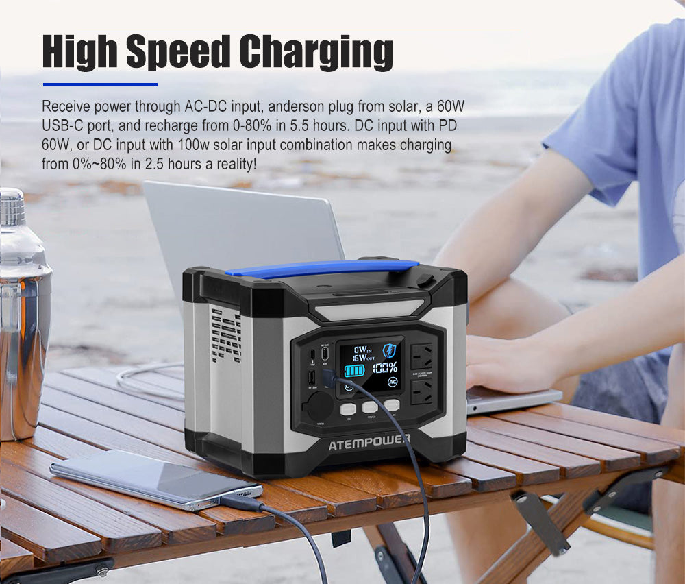 ATEM POWER 500W Portable Power Station Generator Solar Charging Battery Backup